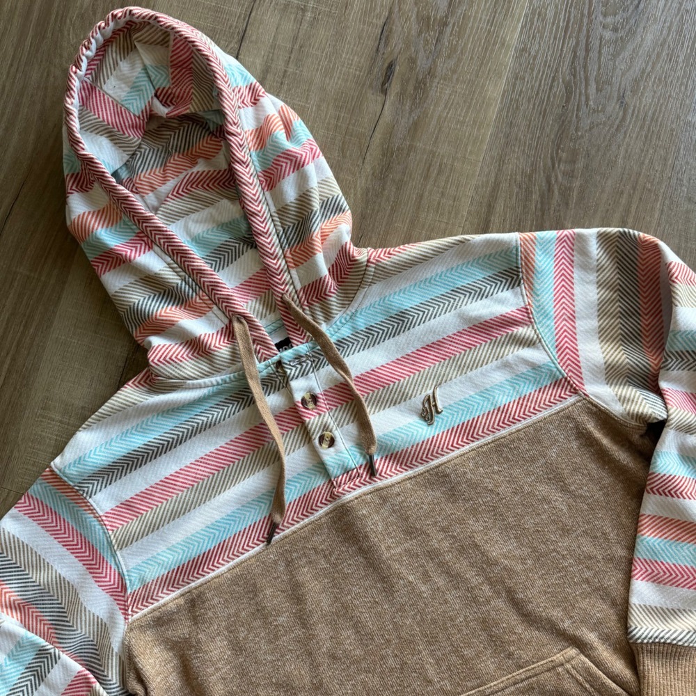 Hooey Mens Hoodie Medium Tan Chevron Striped Henley Pullover Sweatshirt
